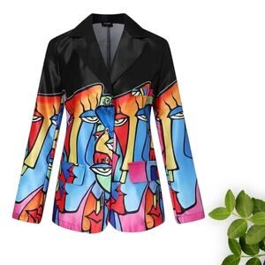 Women's Abstract Art Blue, Red, Yellow, Green,‎ Orange Black Blazer Jacket